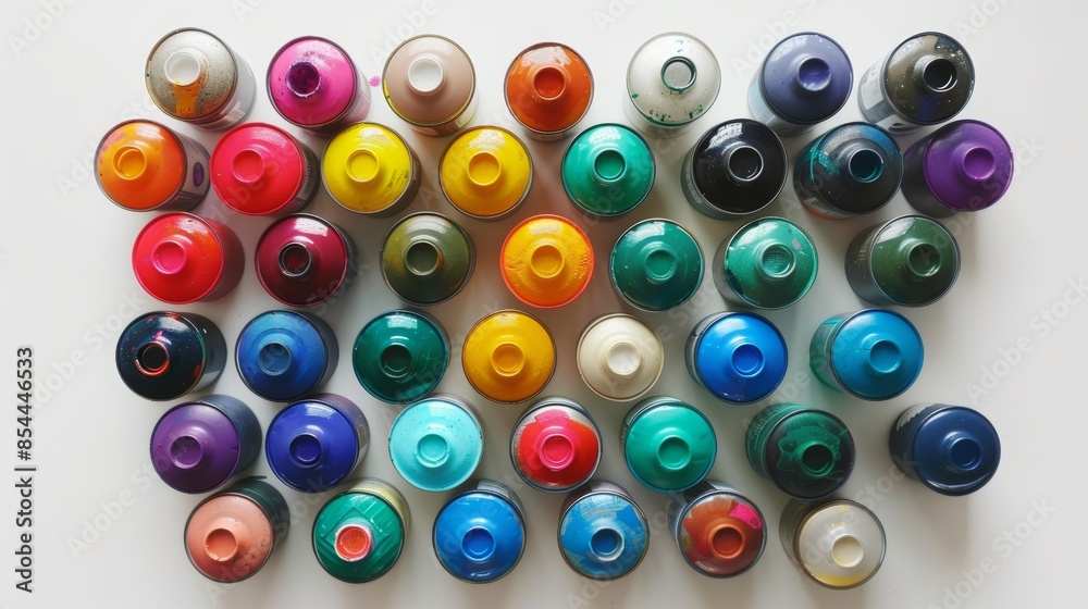 Top view of spray paint cans, diverse caps and colors, isolated on a white surface, emphasizing texture and variety Top view of spray paint cans, diverse caps and colors, isolated on a white surface, emphasizing texture and variety