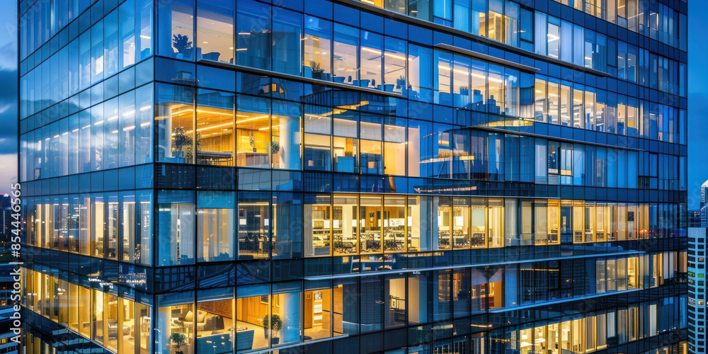 Obraz premium Modern High-rise Office Building Exterior with Reflective Windows in Urban Cityscape