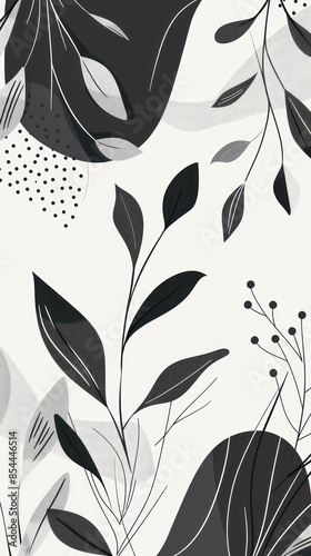 A seamless pattern with various monochrome leaves and decorative elements. Generate AI photo