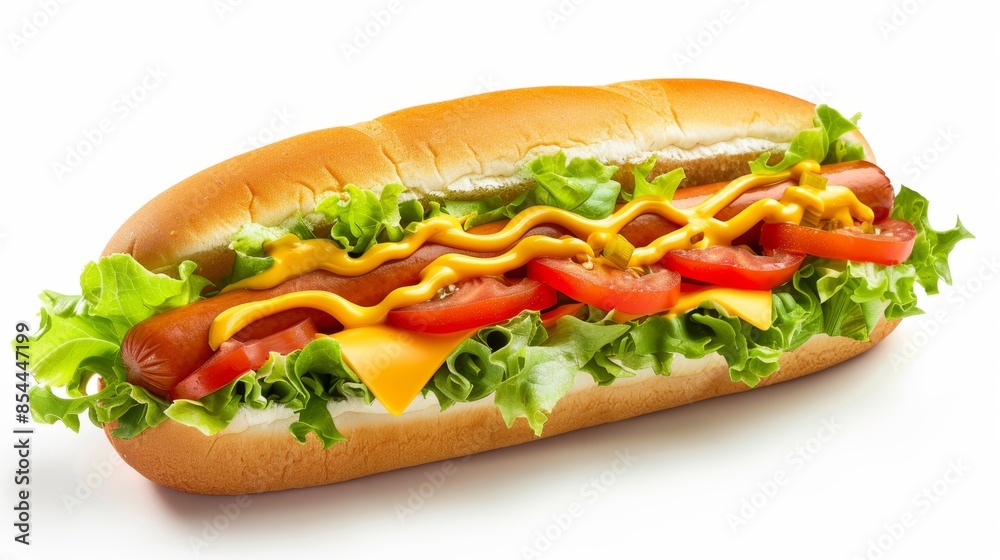 Classic Hotdog Roll with Lettuce, Tomato, and Cheddar Cheese, Highly Detailed Side View Classic Hotdog Roll with Lettuce, Tomato, and Cheddar Cheese, Highly Detailed Side View