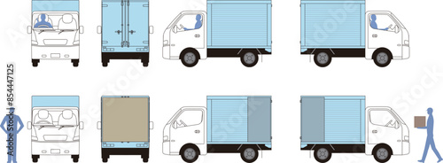 軽トラックと運転手のイメージイラスト正面側面背面