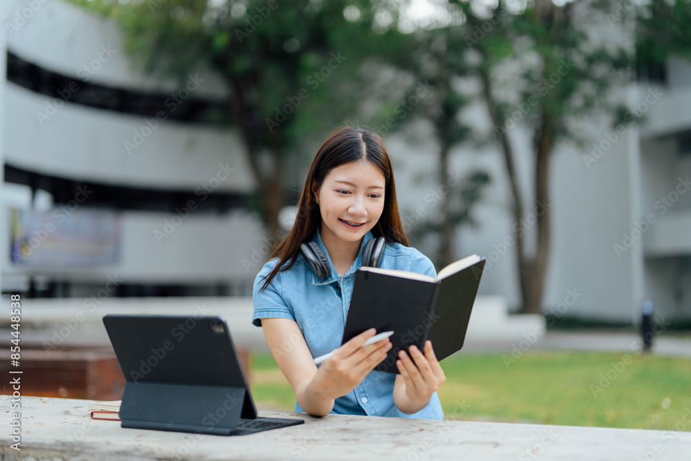 Young Student Studying Outdoors with Tablet and Book in Modern Campus Setting Young Student Studying Outdoors with Tablet and Book in Modern Campus Setting