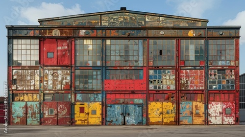 Graffiti artwork covers a derelict industrial building, transforming it into a canvas of bold statements and artistic flair. The graffiti spans windows and doors, blending edgy characters with