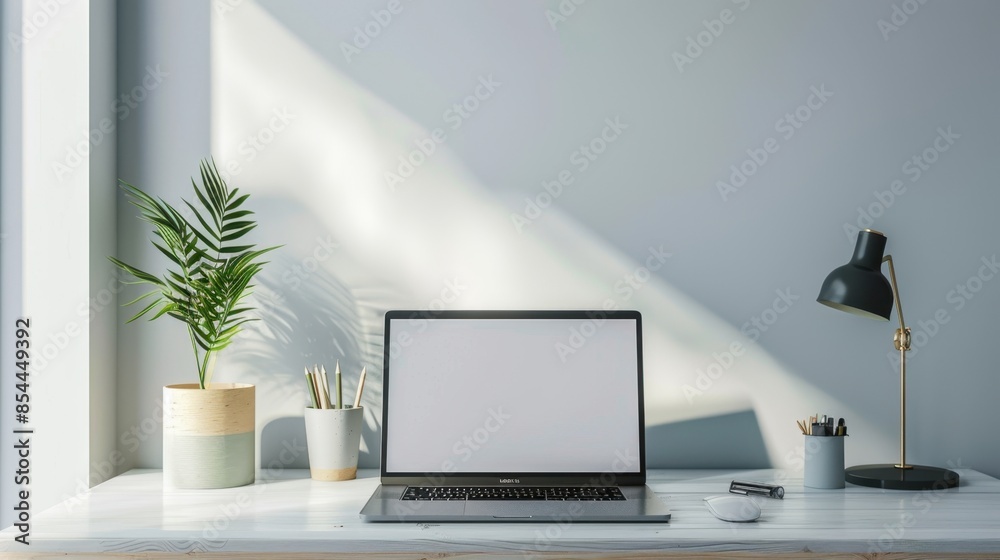 Obraz premium A clean and modern workspace featuring a laptop, a potted plant, a desk lamp, and pencils, all bathed in natural sunlight.