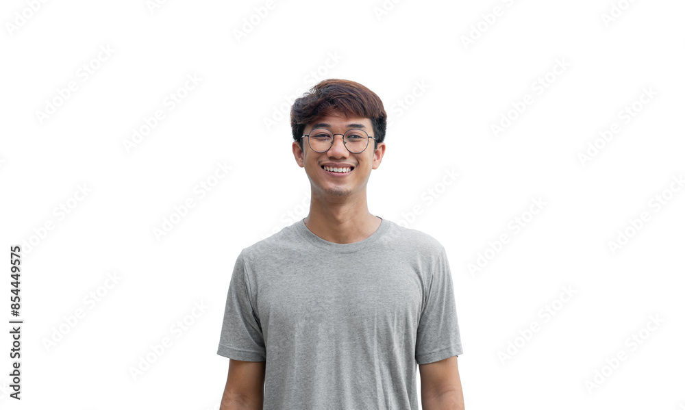 Young man wearing glasses and wearing a gray t-shirt smiling happily isolated on white background. Happy man. Positive person. Young man wearing glasses and wearing a gray t-shirt smiling happily isolated on white background. Happy man. Positive person.