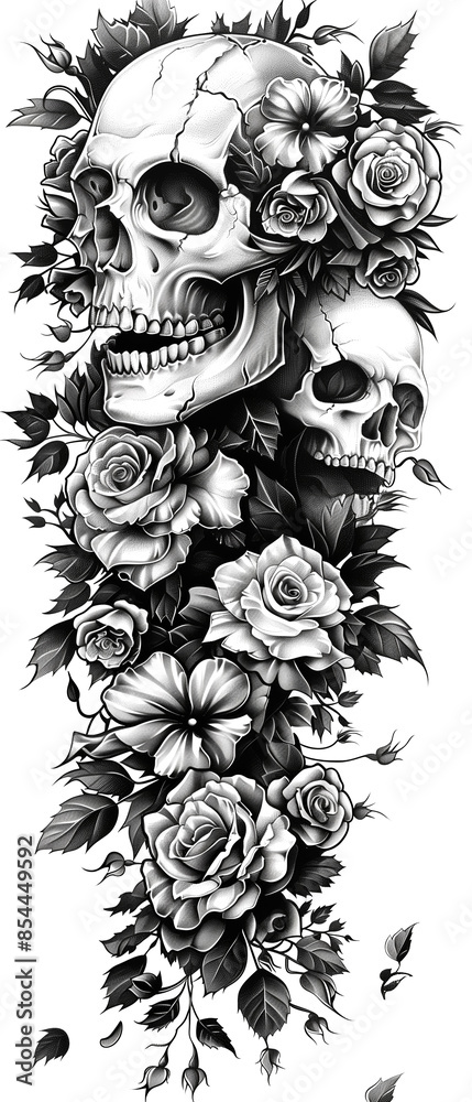A skull with flowers and roses is tattooed on a person's arm A skull with flowers and roses is tattooed on a person's arm