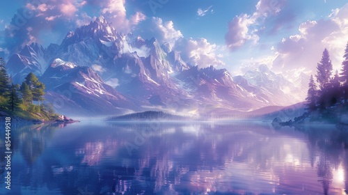 A vast, mist-covered lake stretches under a lavender sky, its surface mirroring towering, crystalline mountains that loom in the distance. Wispy clouds twist and merge with the peaks, creating an photo