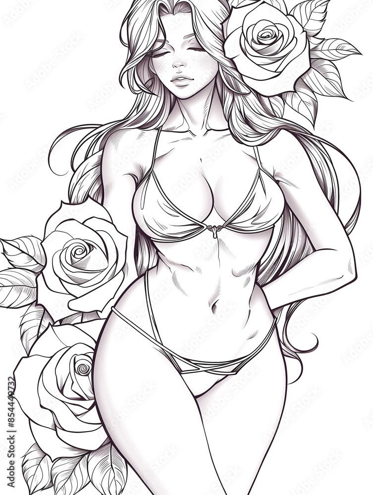 A woman in a bikini is surrounded by roses. The roses are in various sizes and are scattered around her. The woman is wearing a bikini and she is posing for the camera A woman in a bikini is surrounded by roses. The roses are in various sizes and are scattered around her. The woman is wearing a bikini and she is posing for the camera