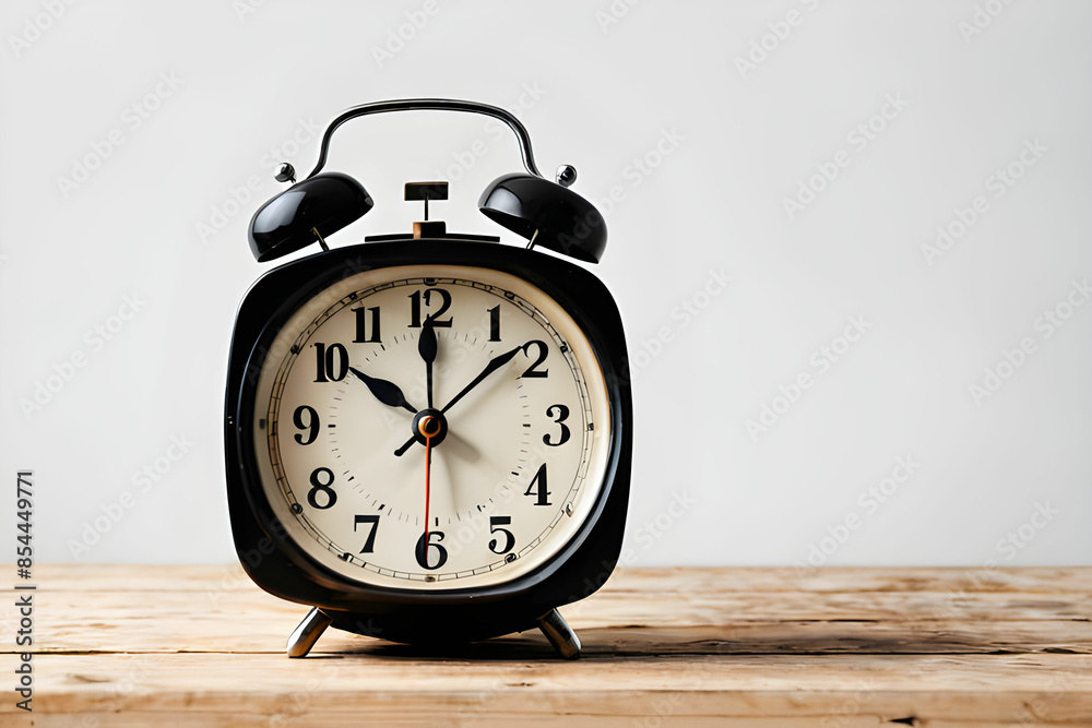 Black old alarm clock on a wooden table on a white background. Black old alarm clock on a wooden table on a white background.