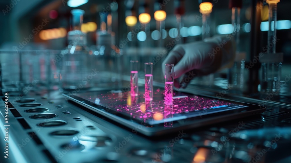 A laboratory setting with various scientific equipment such as test tubes, microscopes, and petri dishes on a lab bench. A digital tablet displays real-time data analysis, with a scientist's hands A laboratory setting with various scientific equipment such as test tubes, microscopes, and petri dishes on a lab bench. A digital tablet displays real-time data analysis, with a scientist's hands