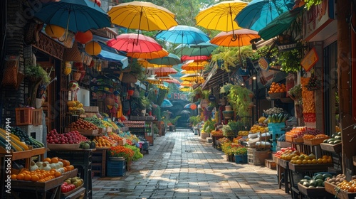 A vibrant urban scene at an eclectic street market under a canopy of colorful umbrellas. Sunlight filters through the makeshift roofs, casting dappled shadows on tables stacked high with fresh photo