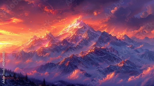 A breathtaking sunset bathes jagged mountain peaks in hues of fiery orange and soft lavender. The sky is ablaze with streaks of crimson and gold, casting a tranquil glow over the rugged terrain