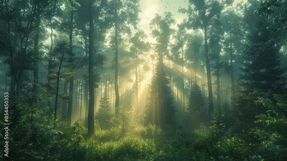 A serene mist blankets a tranquil forest at dawn, casting a soft glow on towering evergreens. Sunlight filters through the dense foliage, creating ethereal rays amidst the mist. Birds chirp softly in A serene mist blankets a tranquil forest at dawn, casting a soft glow on towering evergreens. Sunlight filters through the dense foliage, creating ethereal rays amidst the mist. Birds chirp softly in