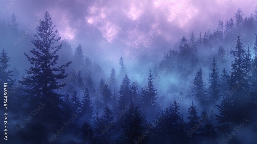 Dawn breaks over a tranquil forest shrouded in mist, casting an enchanting hue of blues and purples. Tall trees reach towards the sky, their forms softened by the ethereal fog that hangs in the cool Dawn breaks over a tranquil forest shrouded in mist, casting an enchanting hue of blues and purples. Tall trees reach towards the sky, their forms softened by the ethereal fog that hangs in the cool