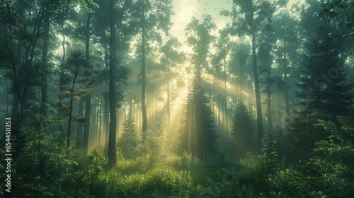 A serene mist blankets a tranquil forest at dawn, casting a soft glow on towering evergreens. Sunlight filters through the dense foliage, creating ethereal rays amidst the mist. Birds chirp softly in © MakoPoko