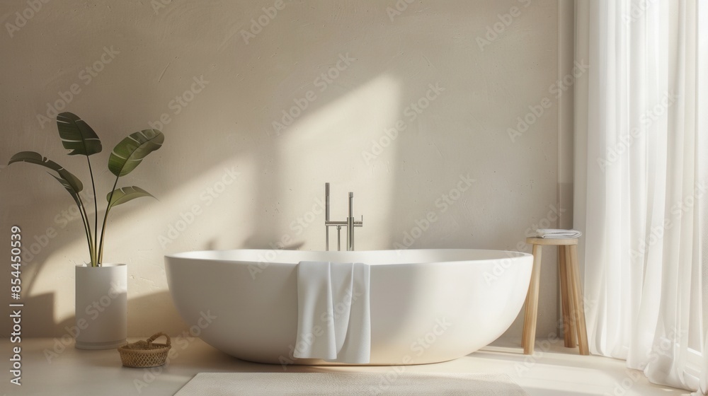 A serene bathroom with a white freestanding tub and a potted plant. Sunlight streams in, creating a warm and inviting atmosphere. A serene bathroom with a white freestanding tub and a potted plant. Sunlight streams in, creating a warm and inviting atmosphere.