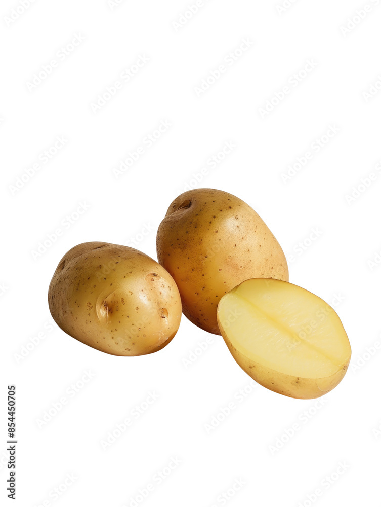 a large potato and a potato slice photographed in a greenhouse with a pure white background, ideal for fresh and clean food designs. a large potato and a potato slice photographed in a greenhouse with a pure white background, ideal for fresh and clean food designs.