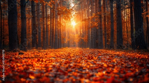 A picturesque view of a dense forest during fall, where the ground is covered in a myriad of fallen leaves. The towering trees create a natural cathedral of foliage, with sunlight peeking through the
