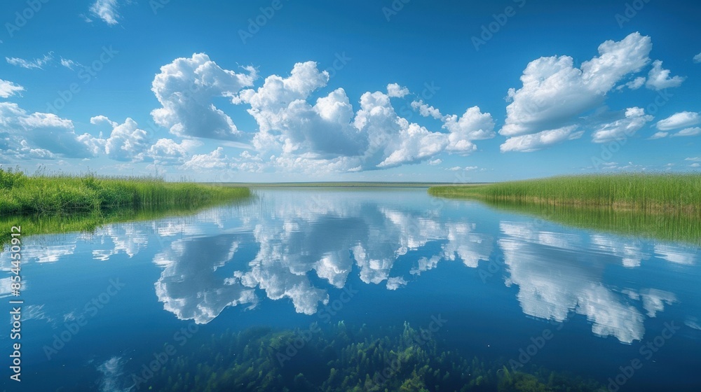 A quiet lakeside retreat on a clear day, showcasing a flawless reflection of fluffy white clouds and vibrant blue sky on the calm water's surface. The symmetry of the scene creates a sense of harmony A quiet lakeside retreat on a clear day, showcasing a flawless reflection of fluffy white clouds and vibrant blue sky on the calm water's surface. The symmetry of the scene creates a sense of harmony