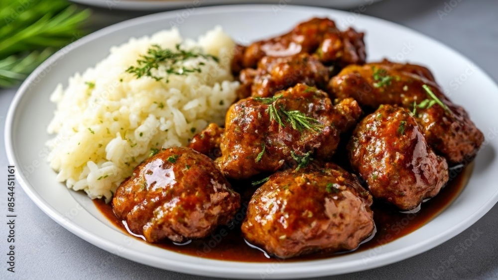 Delicious meal of meatballs and rice ready to be savored Delicious meal of meatballs and rice ready to be savored