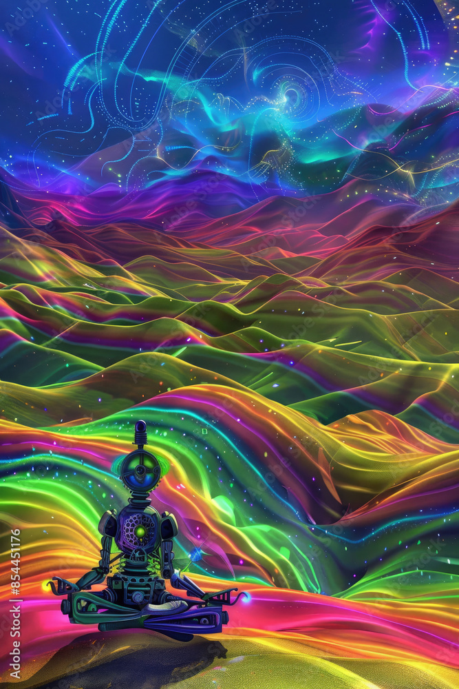 Naklejka premium Robot Meditation in Neon Desert Landscape