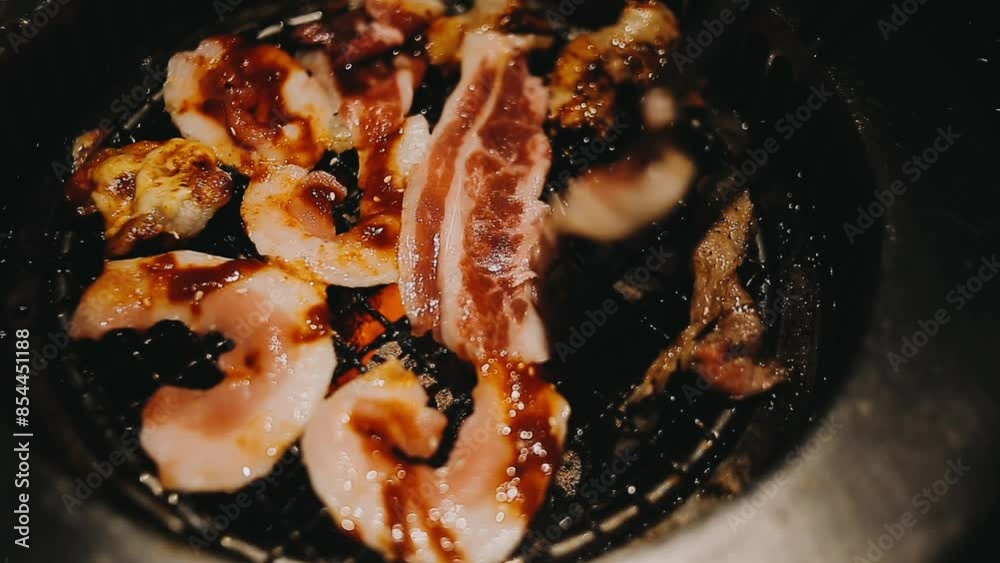 set of various raw meat grill on stove in korean barbecue style set of various raw meat grill on stove in korean barbecue style
