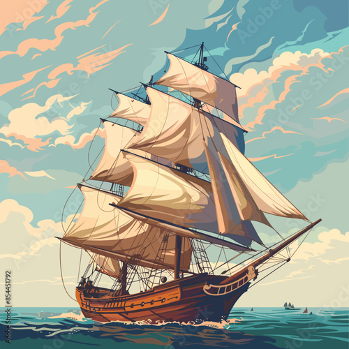 Sailing Ship on the Ocean Vector Illustration