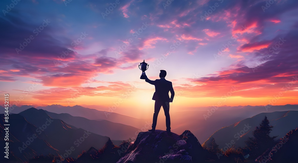 Victorious Businessman Silhouette at the Summit: Bright and Colorful Trophy Moment