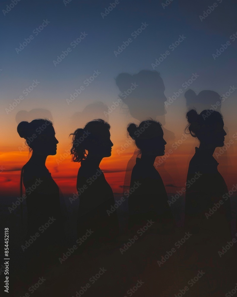 Fototapeta premium Silhouettes of people against a sunset transitioning to night, depicting tranquil evening scenes with colorful skies and peaceful outdoor ambiance