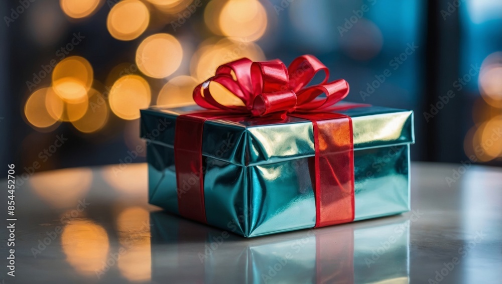 A blue gift box with a red bow is sitting on a white table with a blurry background of lights A blue gift box with a red bow is sitting on a white table with a blurry background of lights