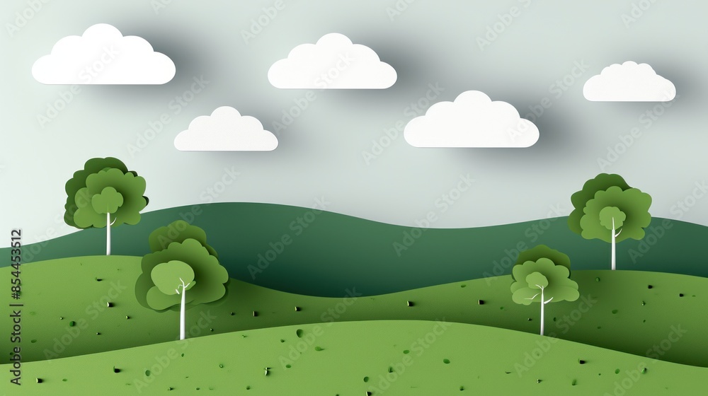Obraz premium Serene Green Paper Landscape With Trees, Hills, and Clouds in a Creative Craft Design