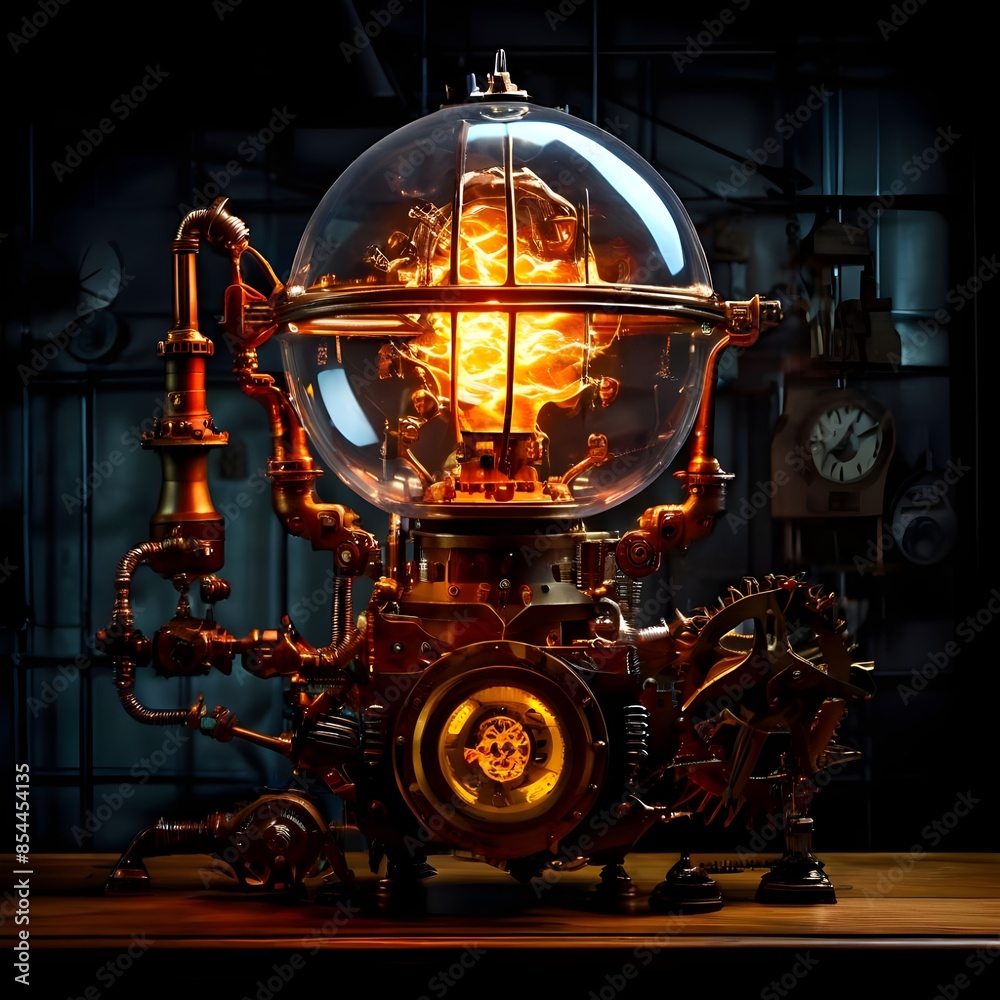 The warm lighting against the dark background adds drama and mystery, evoking a blend of old-world craftsmanship and futuristic energy generation. The warm lighting against the dark background adds drama and mystery, evoking a blend of old-world craftsmanship and futuristic energy generation.