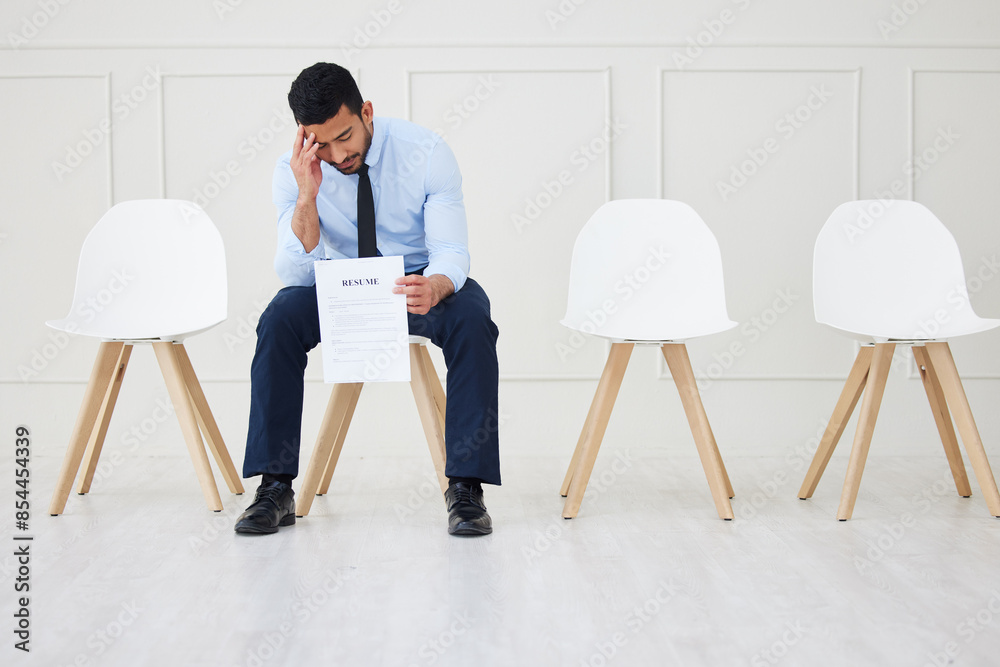 Fototapeta premium Recruitment, stress or businessman with resume in waiting room or job interview, opportunity or meeting at hr office. Hiring, anxiety or employee with onboarding, fear or overthinking cv mistake