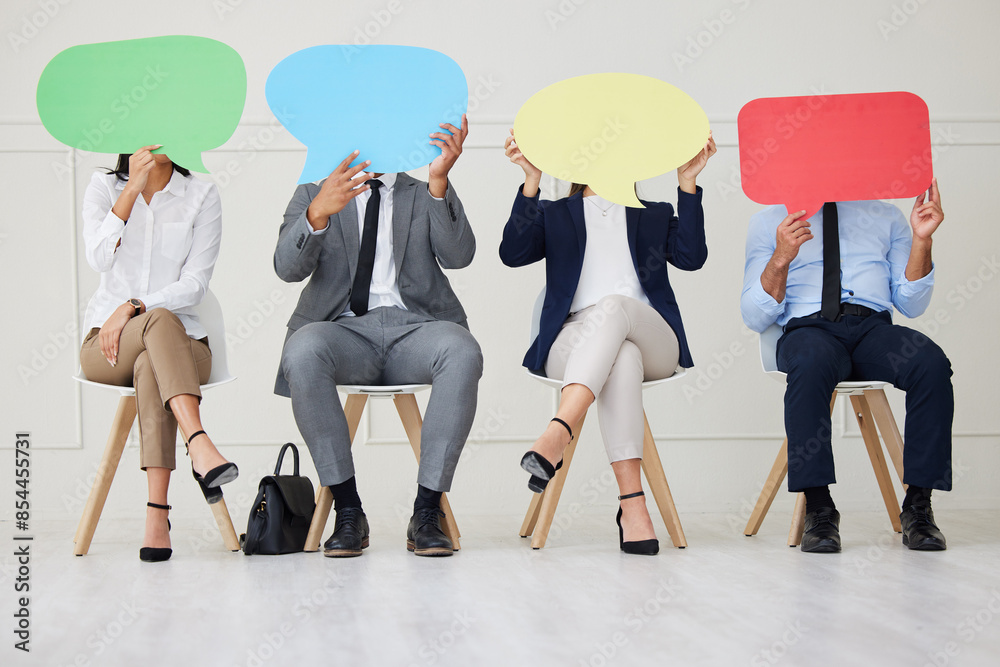 © Anela Ramba/peopleimages.com - Speech bubble, mockup and business people in waiting room for recruitment, offer or onboarding news. Hiring, information or employees at hr office with space sign, faq or job interview contract offer