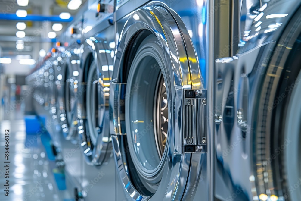Industrial Laundry Machines Close Up of Shiny Metal Washers in Row. Industrial Laundry Machines Close Up of Shiny Metal Washers in Row.