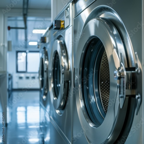 Industrial Laundry Facility with Row of Stainless Steel Washers. © auc