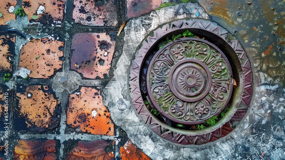 Close up view of a circular metal manhole cover in Penang Malaysia Close up view of a circular metal manhole cover in Penang Malaysia