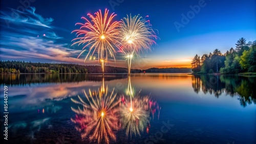A serene photo of 4th of july fireworks reflected in a calm lake, with clear space in the sky for copy. photo