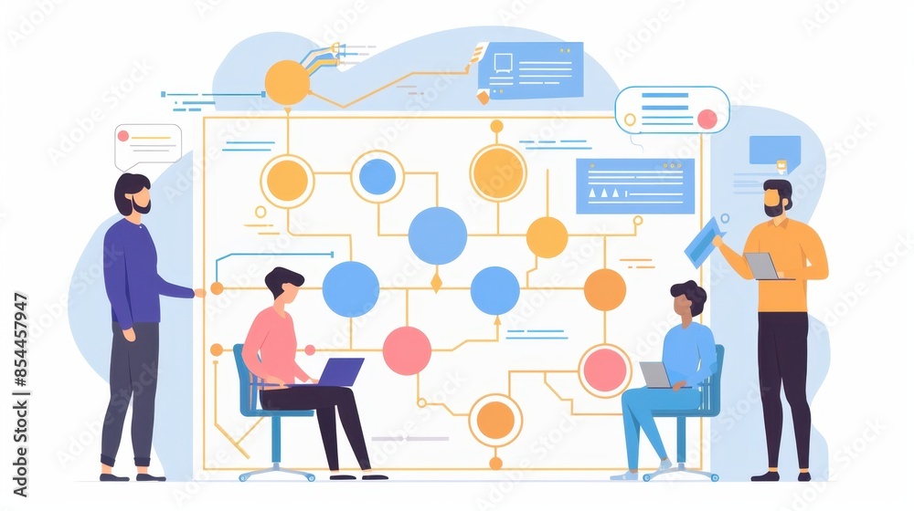 Four people collaborate on a project using a flow chart with colorful circles and lines. The illustration depicts a modern workplace environment. Four people collaborate on a project using a flow chart with colorful circles and lines. The illustration depicts a modern workplace environment.