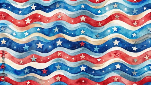 A geometric watercolor illustration of abstract waves in usa colors with star patterns, providing ample copy space for 4th of july.