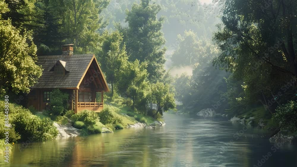 Beautiful natural scenery featuring fantasy tropical landscape and wooden houses by the river Beautiful natural scenery featuring fantasy tropical landscape and wooden houses by the river