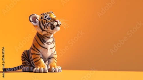 Adorable Tiger Cub Sitting on Orange Background Showing Playful Behavior