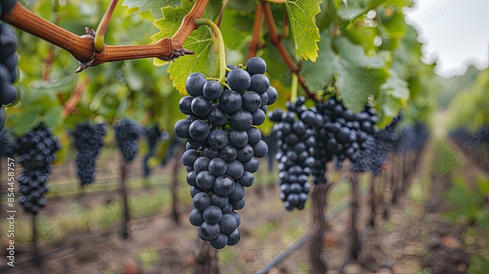 Purple grapes hanging from grapevines in vineyard Purple grapes hanging from grapevines in vineyard