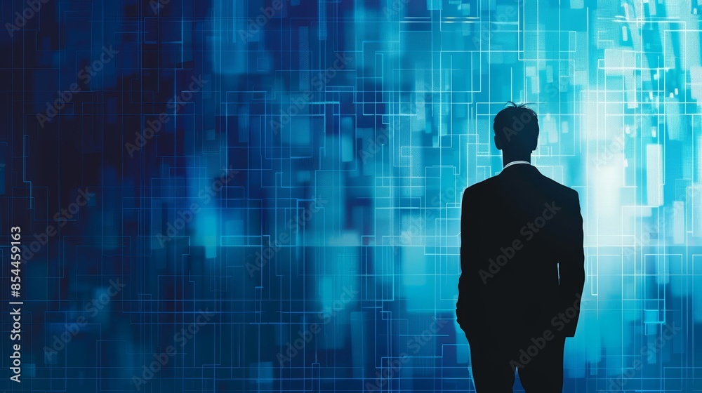A businessman stands in front of a glowing digital background, looking towards a bright future. The image represents technological advancement and innovation. A businessman stands in front of a glowing digital background, looking towards a bright future. The image represents technological advancement and innovation.