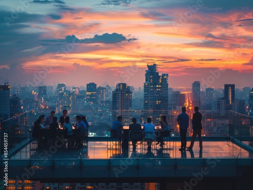 executives or business teams are enjoying the afternoon together on the top floor of a multi-storey building in the afternoon