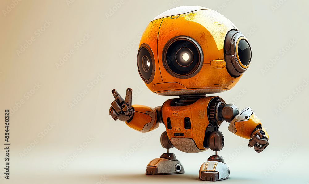 Playful cute happy toy robot android, 3D rendering, cheerful mood, futuristic technology concept, ideal for tech products, children's toys, robotics, isolated on light background, daytime