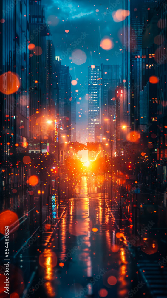 Fototapeta premium Futuristic Cyberpunk Smart Cityscape at Night with Neon Lights and Digital Glitches - Metaverse Innovation and Technology Concept