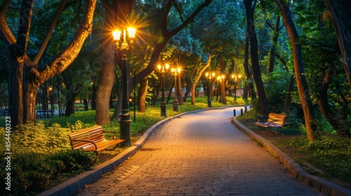 A serene city park at night, featuring illuminated pathways and benches, creating a peaceful and inviting atmosphere for an evening stroll