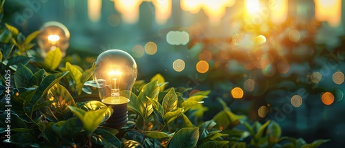 Glowing light bulbs in a lush green foliage with a soft, warm sunset backdrop. photo