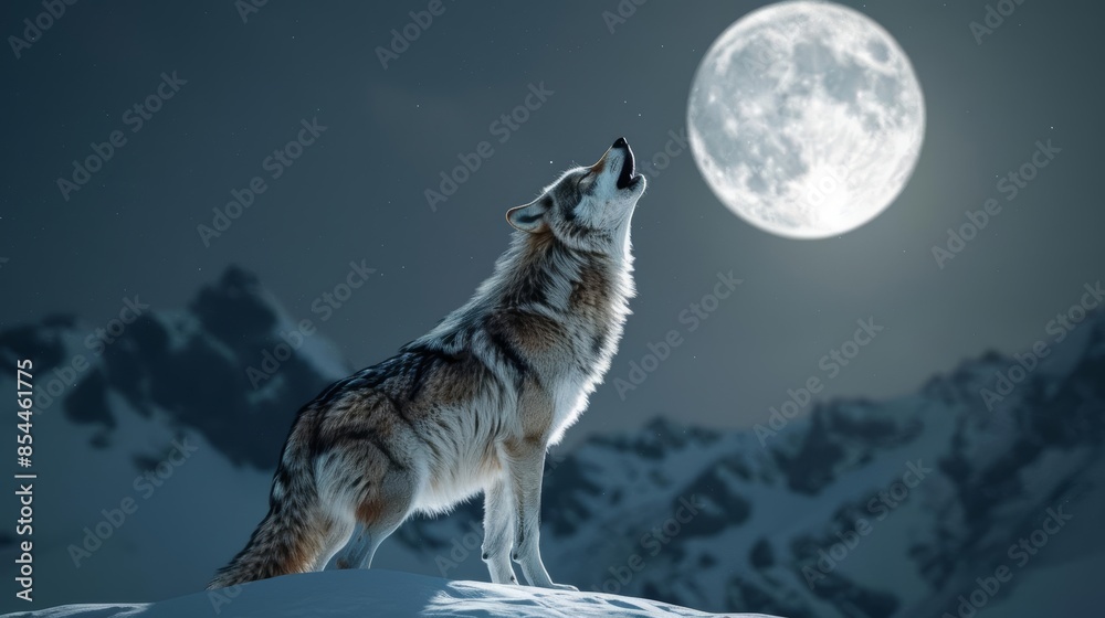 Naklejka premium A lone wolf howling on a snowy mountaintop under a full moon, wide-angle shot, dramatic lighting